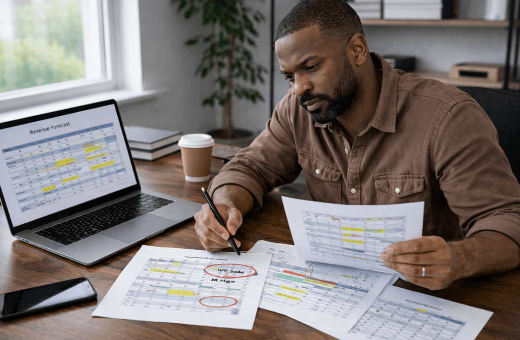 Founder reviewing revenue forecast spreadsheets with highlighted metadata errors