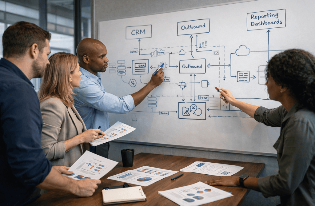 RevOps team mapping data flows between CRM, outbound systems, and reporting dashboards