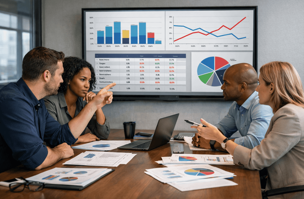 RevOps team reviewing conflicting pipeline and data metrics in a meeting