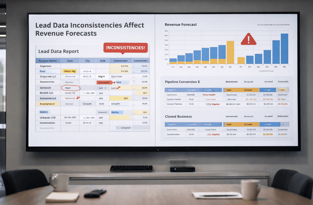 Large screen showing lead data inconsistencies impacting revenue forecasts