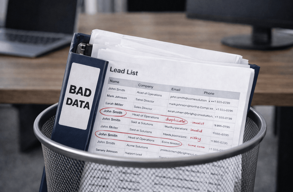 Bad data lead binder discarded in office trash