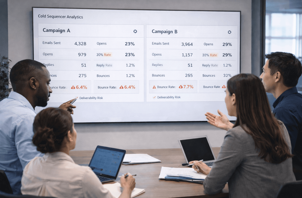 SDR team reviewing two outbound campaigns with deliverability risk on a large analytics screen