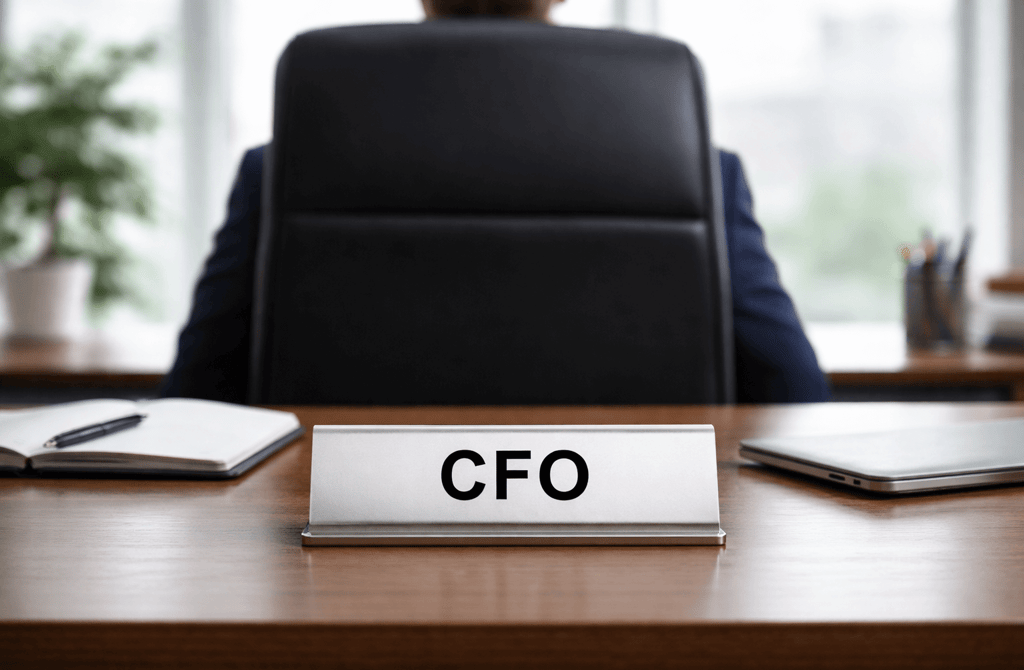 Office desk with CFO nameplate showing role accuracy