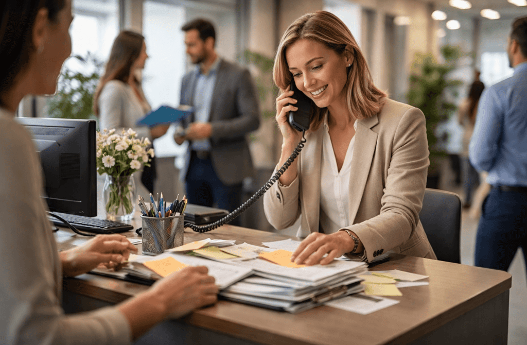 office receptionist handling multiple inquiries at front desk