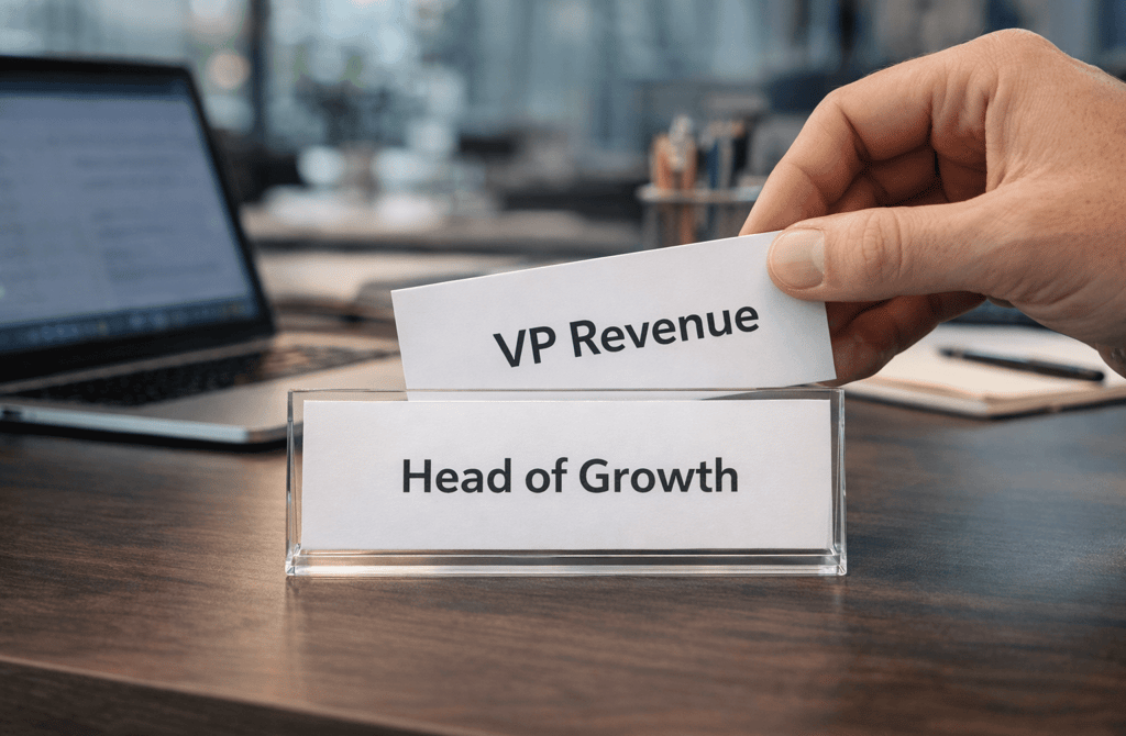 desk nameplate showing role change from head of growth to vp revenue