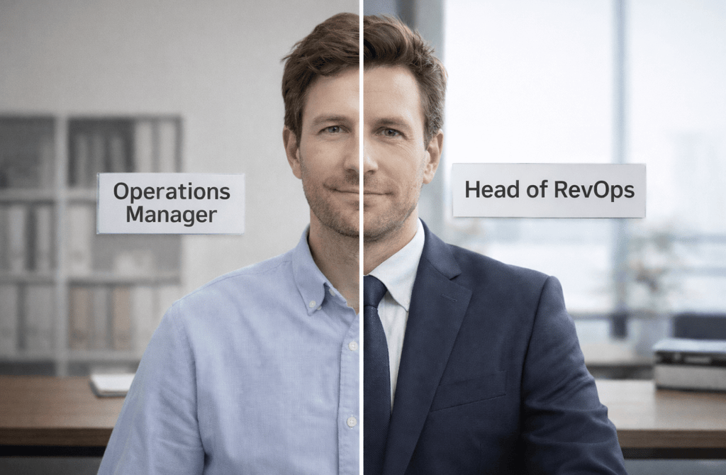 Split portrait showing founder with two different role labels