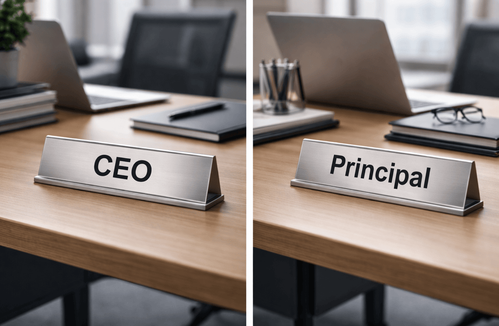 Two office desks side by side with nameplates showing CEO and Principal roles.