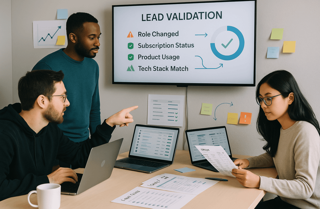 SaaS team reviewing lead data on laptops and a digital board.