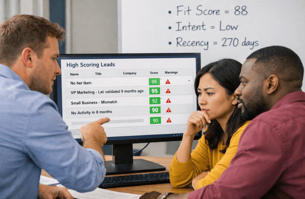 SDR team reviewing high lead scores with data warning signs visible on screen