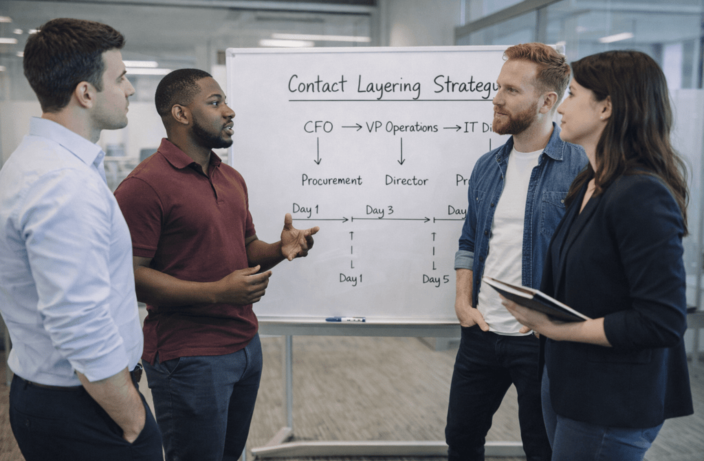 SDR team discussing contact layering strategy.