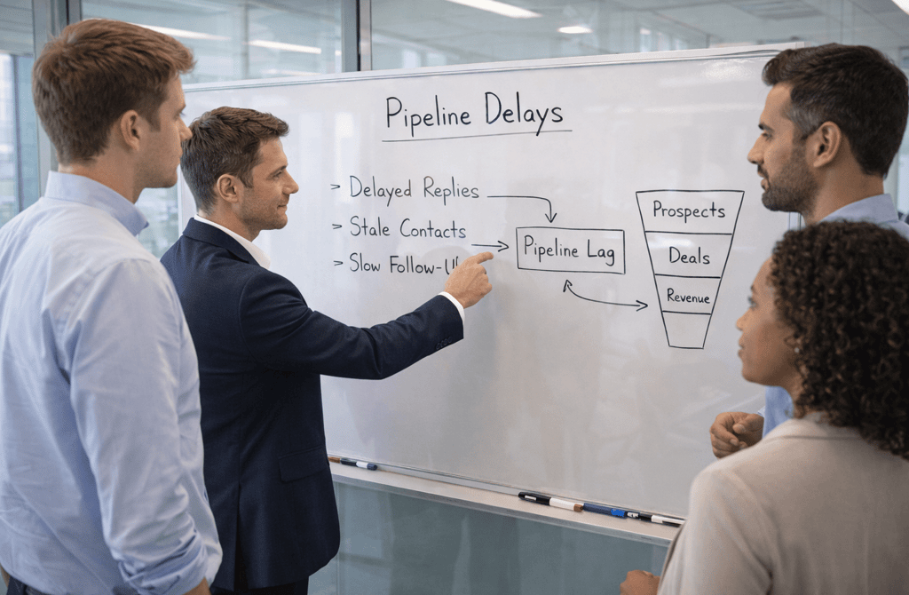 sdr team reviewing pipeline delays on a whiteboard caused by stale contact data