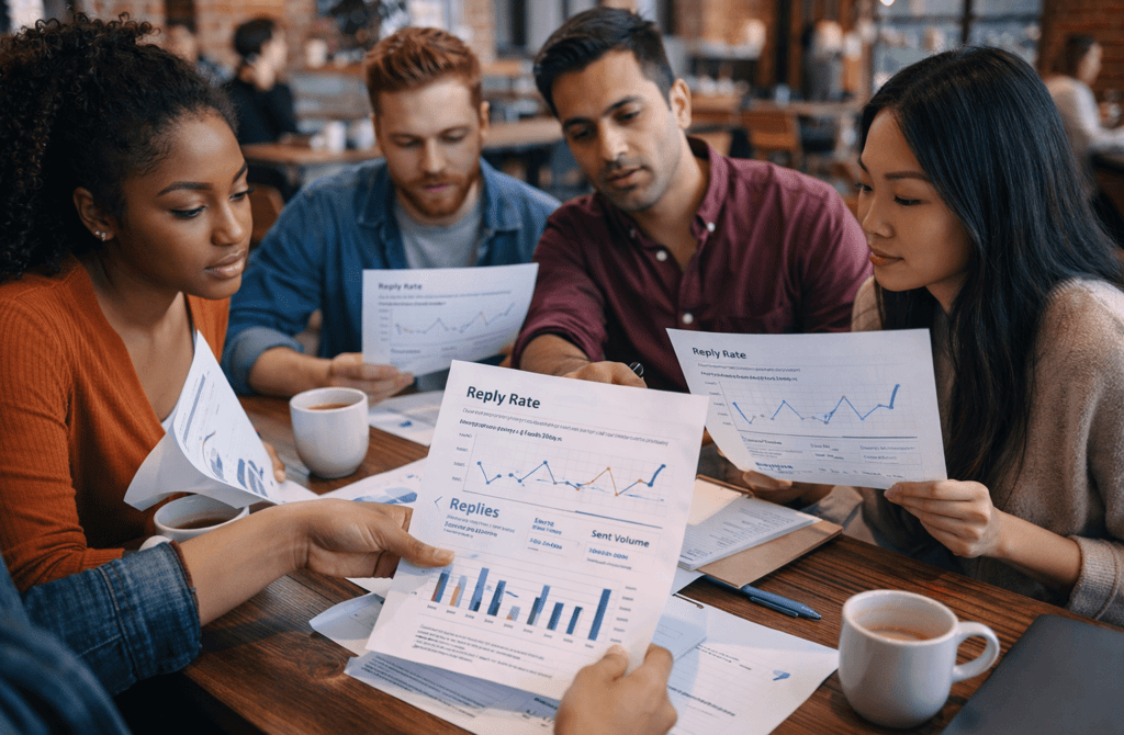Diverse SDR team reviewing printed reply rate analytics during a coffee shop work session