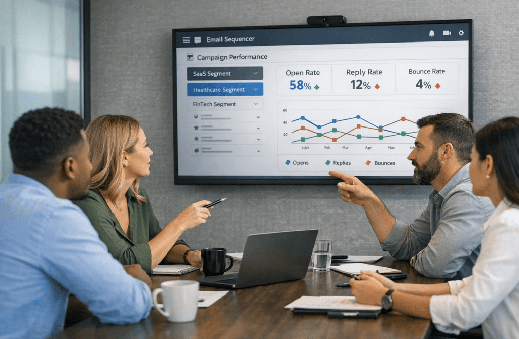 Diverse SDR team reviewing campaign analytics in meeting room