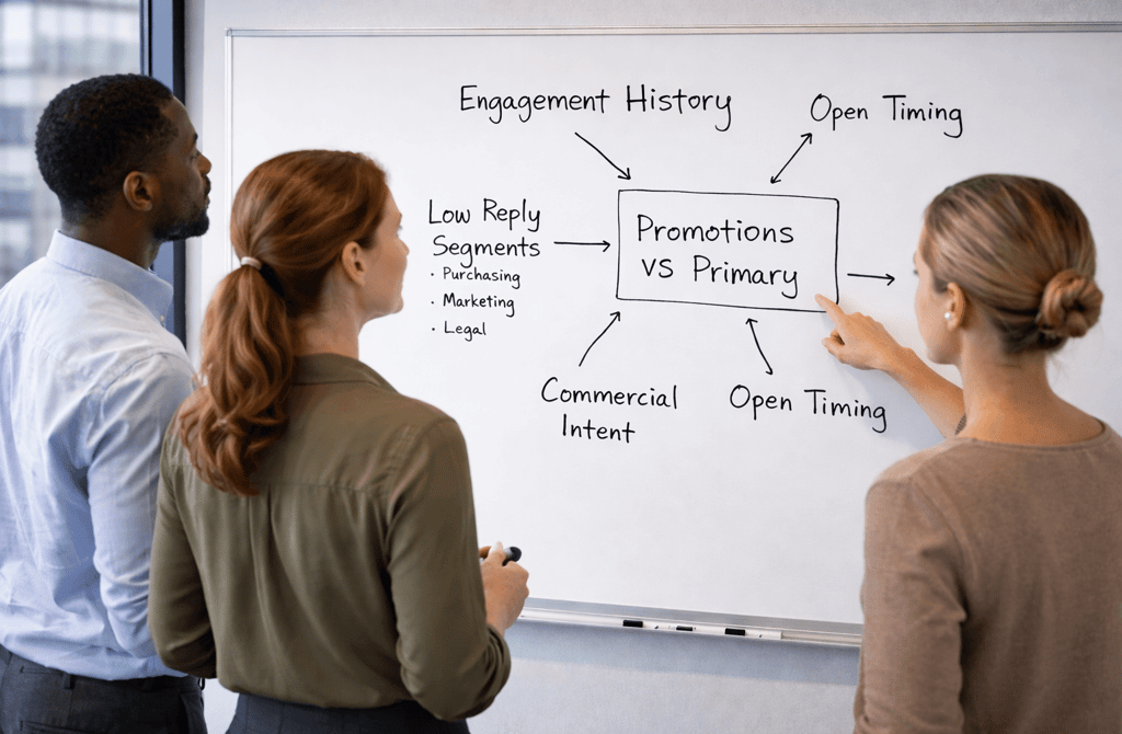 SDR team discussing email signals that affect Promotions vs Primary placement