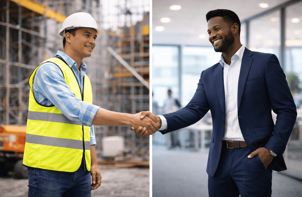 Business handshake showing construction and office sectors with different backgrounds