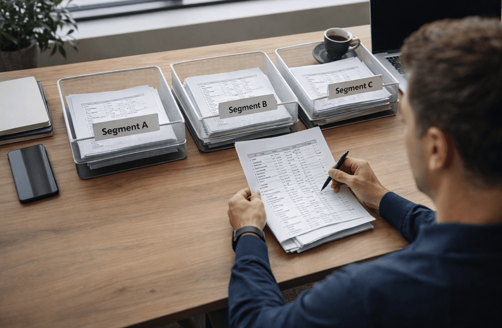 Founder reviewing outbound segments using labeled paper trays on an office table