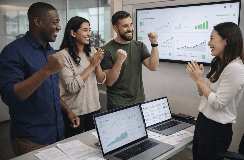 SDR team celebrating successful outbound campaign results in a modern office