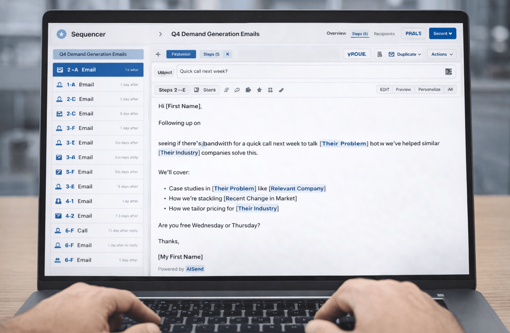 Outbound email sequencer UI showing campaign copy during targeting diagnosis