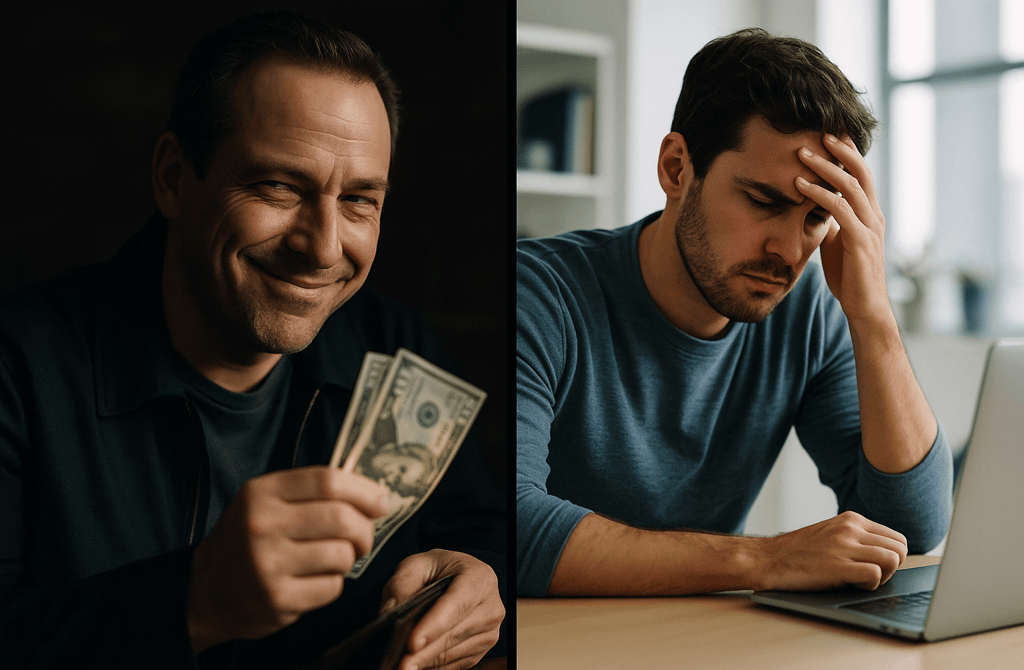 Shady provider holding cash beside a frustrated founder at his laptop