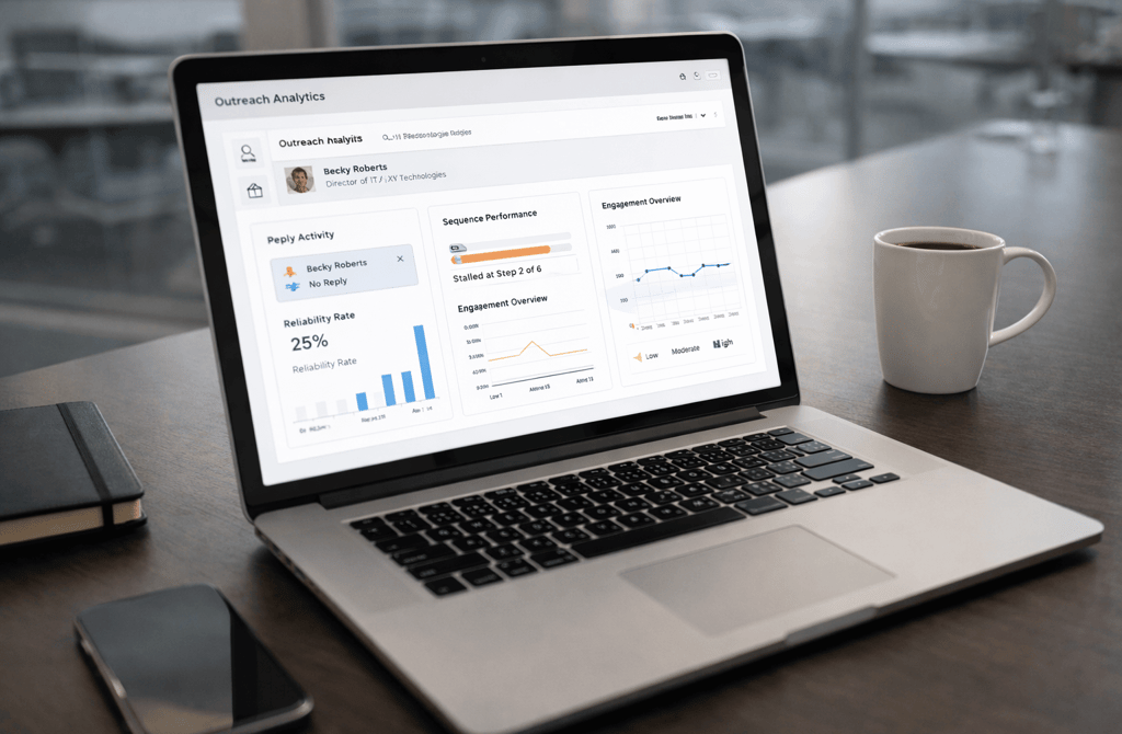CEO laptop showing single-contact outreach analytics on a desk