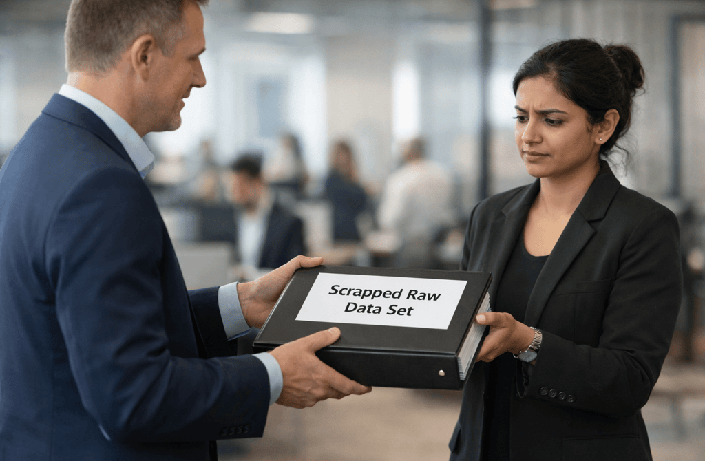 Lead broker handing a raw data binder to a founder in a busy office setting