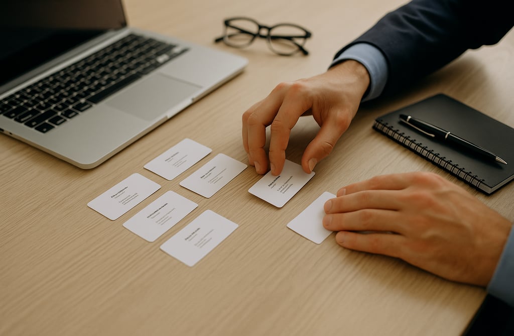 Person sorting business cards on a wooden desk