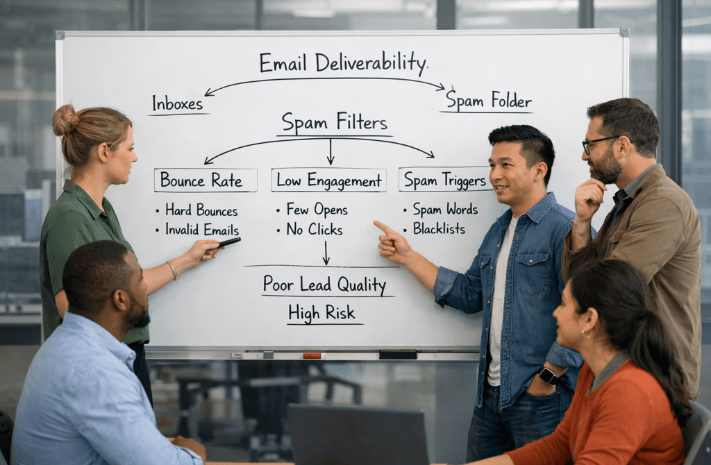 team reviewing spam filter lead quality on whiteboard