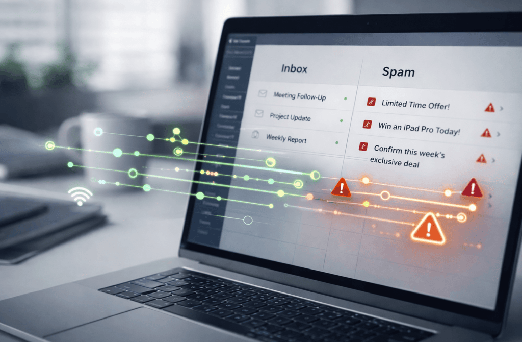 Laptop inbox showing emails routed to inbox and spam folders based on filtering signals