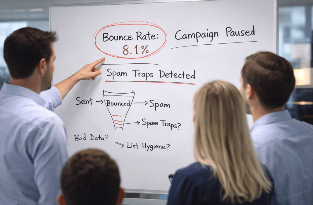 SDR team reviewing high bounce rate and spam trap issues on a whiteboard