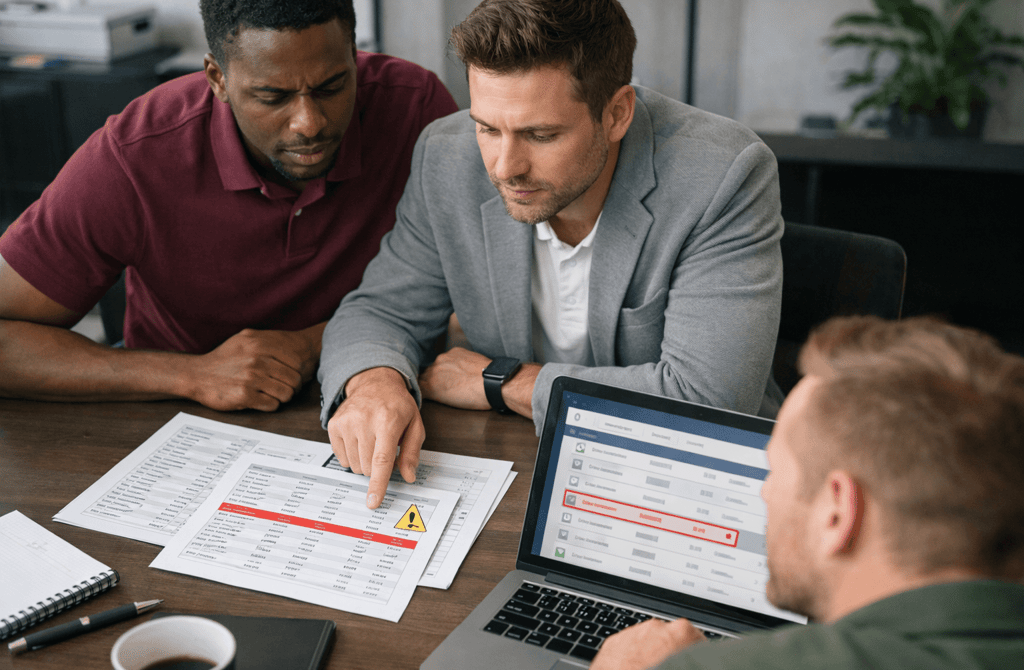 SDR team reviewing lead list with flagged contact