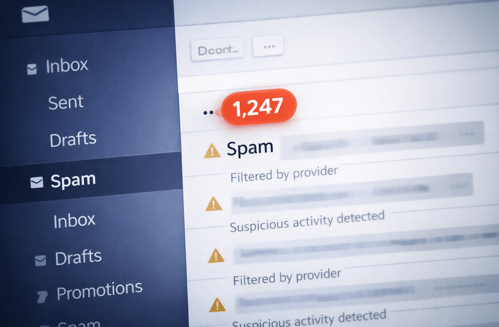 Spam folder with high unread count indicating domain risk