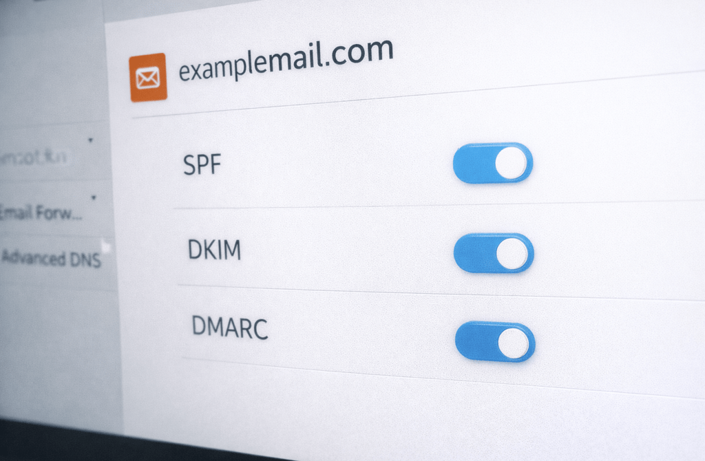 Domain settings screen showing SPF, DKIM, and DMARC enabled for a generic domain