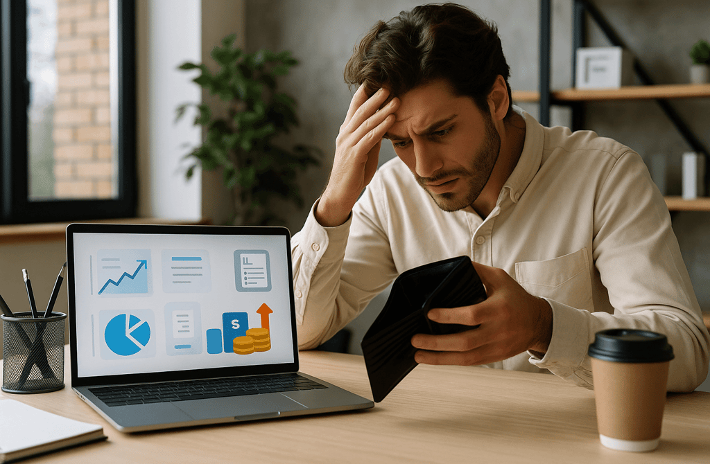 Stressed founder looking at an empty wallet beside a laptop showing rising cost indicators