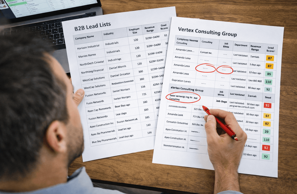 Founder reviewing printed B2B lead list with missing fields circled and lead scores visible
