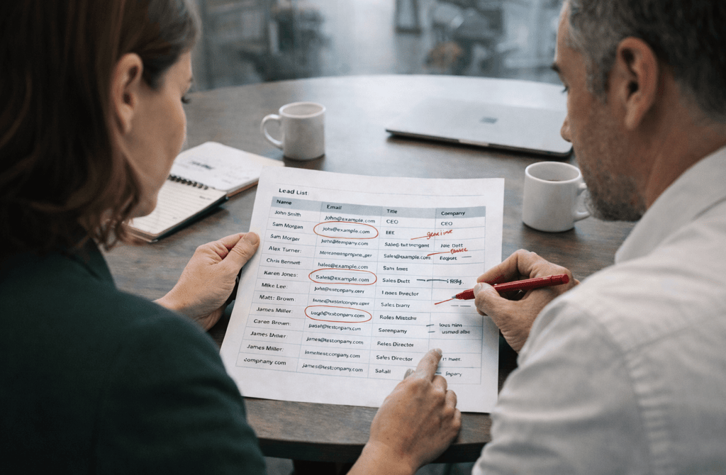 Two founders reviewing a lead list and marking risky entries by hand