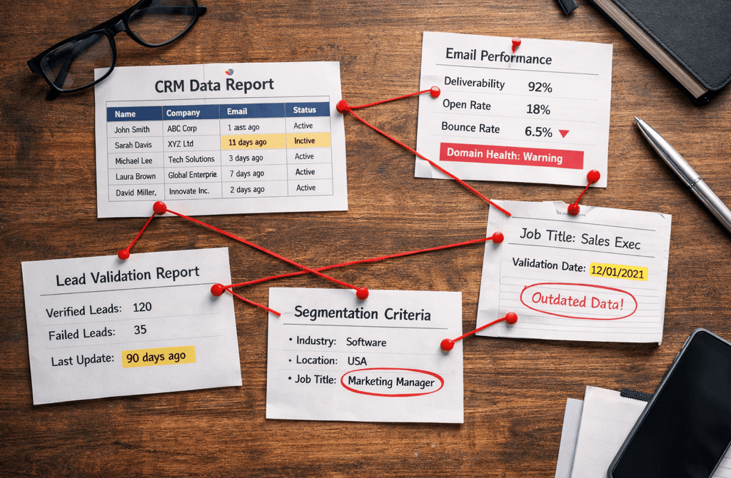 CRM sheets linked with red strings showing outdated data