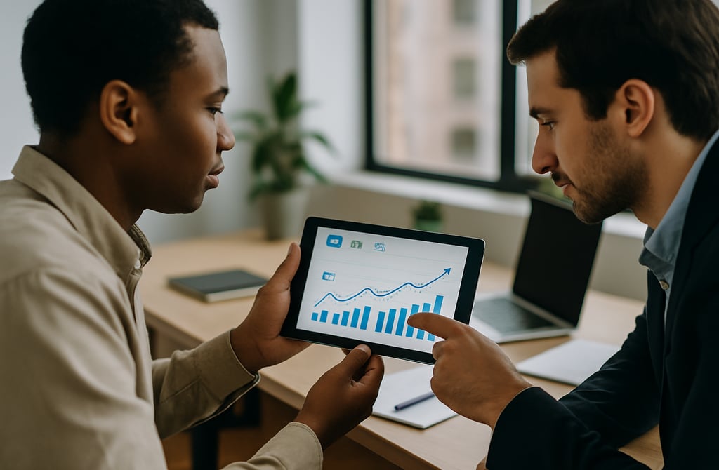 Two people reviewing rising email campaign metrics on a tablet