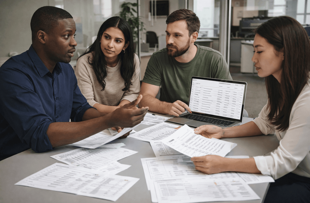 Diverse SDR team reviewing targeting strategy and lead lists in a meeting