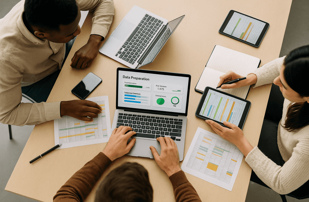 Top-down view of a team preparing data on laptops and tablets.
