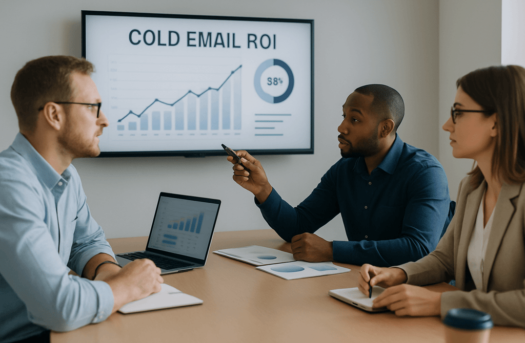 Team in a meeting reviewing a cold email ROI dashboard