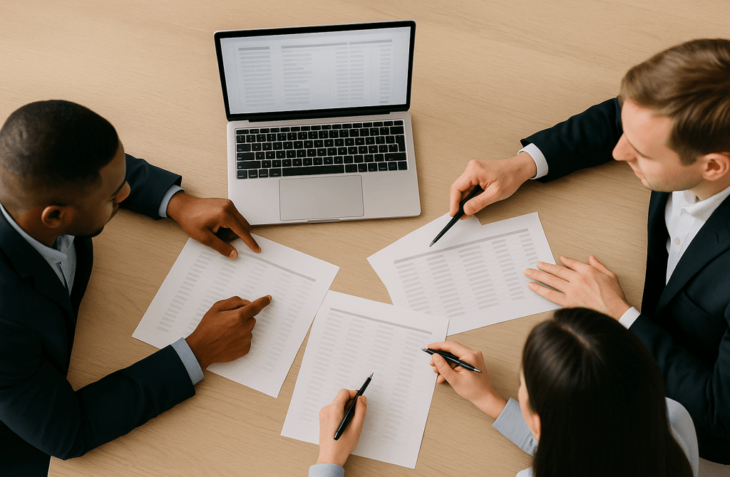Team reviewing B2B data sheets around a table from an overhead view.