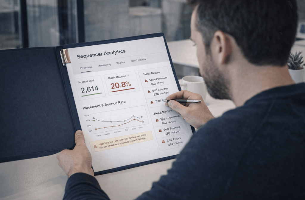Founder reviewing printed email campaign analytics report in an office setting