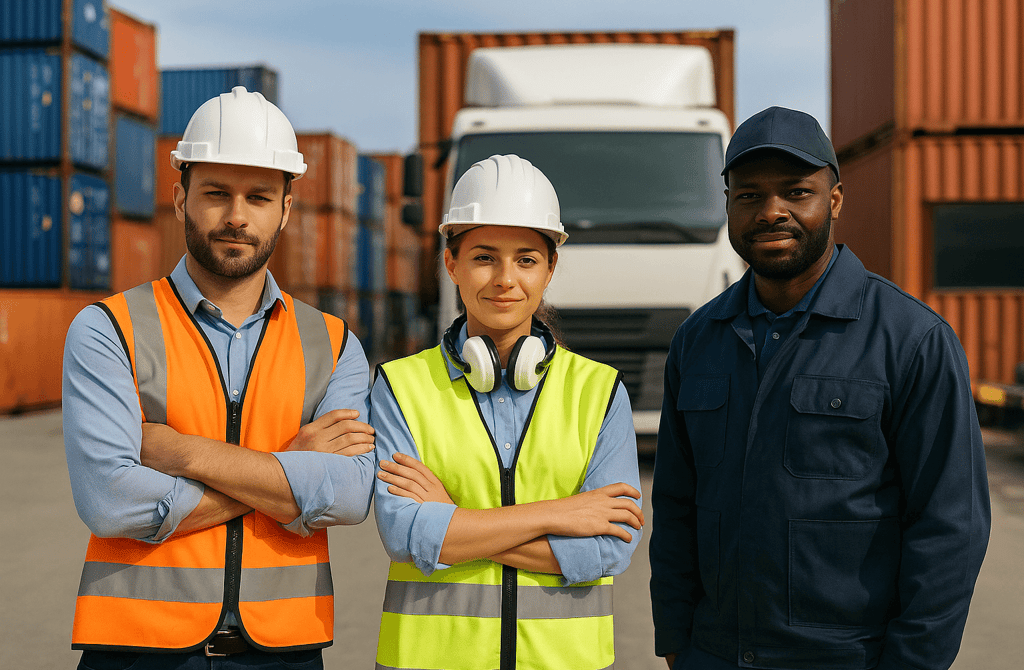 Transport and freight workers standing at a shipping yard.