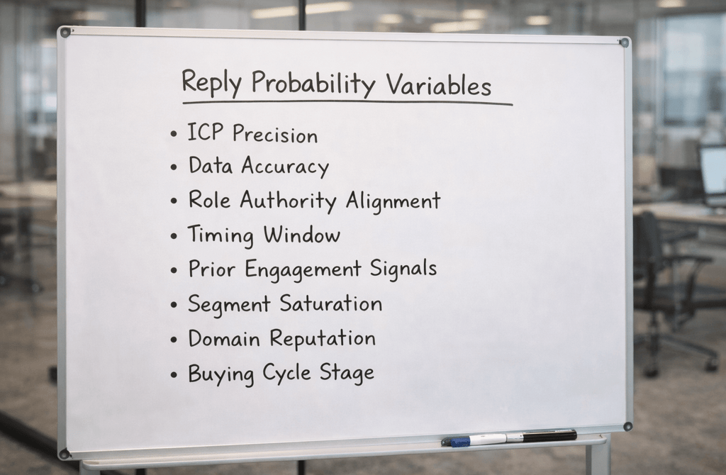 Whiteboard listing key variables influencing reply probability in outbound campaigns