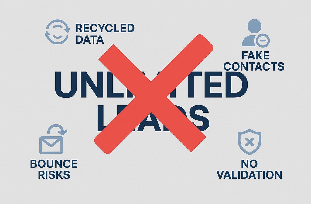 Red X over “Unlimited Leads” infographic