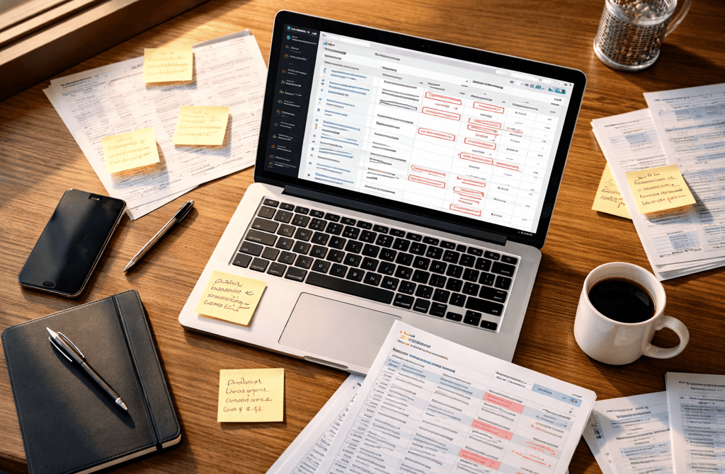 Laptop CRM showing duplicate and missing contact data on a cluttered desk.