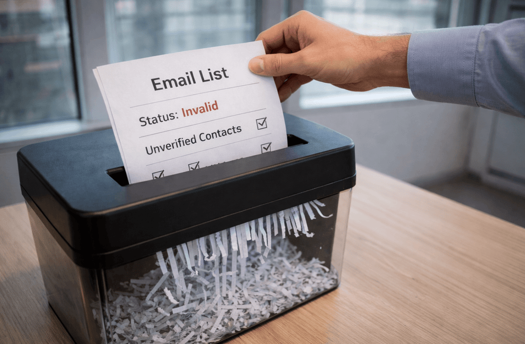 Hand feeding an unverified email list into a paper shredder.
