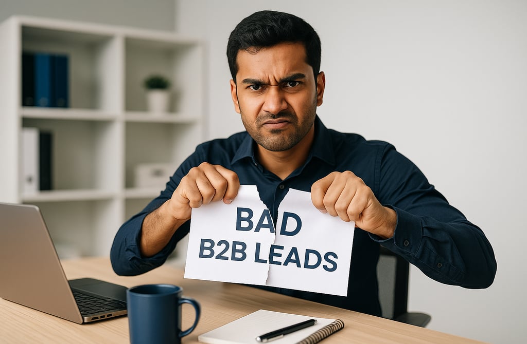 Upset founder tearing a paper labeled bad B2B leads