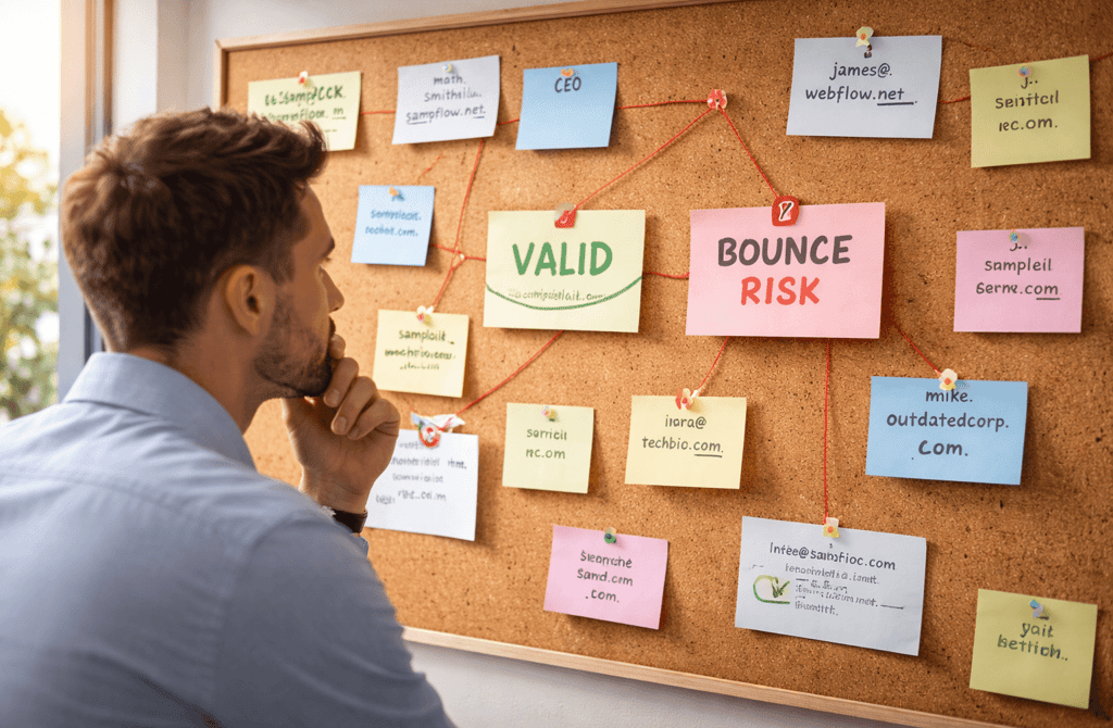 corkboard showing conflicting email validation notes