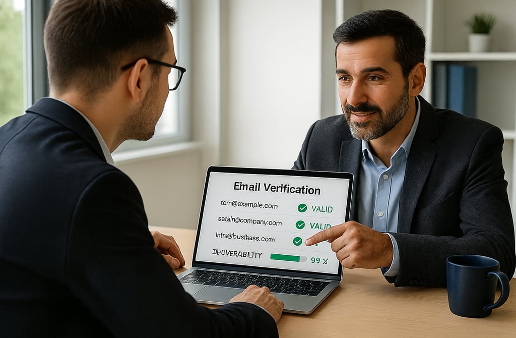 Lead provider showing email validation proof to a founder during a meeting